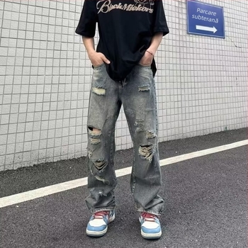 Blugi retro spălați, vechi, rupți, bărbați, ins, high street, marca Tide, pantaloni de stradă drepți, lejeri, o generație de păr