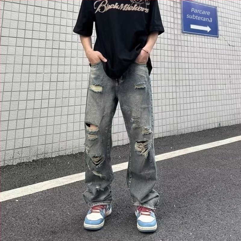 Blugi retro spălați, vechi, rupți, bărbați, ins, high street, marca Tide, pantaloni de stradă drepți, lejeri, o generație de păr