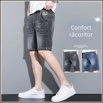 Bărbați la modă, talie medie, tineri, populari, micro-elastici, vară, modă, potrivire dreaptă, rupte, pantaloni blugi cu fermoar, spălați