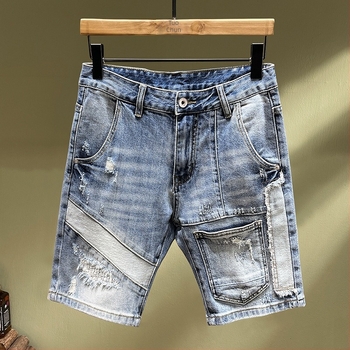 Pantaloni scurți din denim cu găuri, cusute, pentru bărbați, comerț exterior transfrontalier, locomotivă, brand la modă, elastici, slim-fit, brodați, cu patch-uri