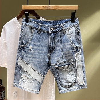 Pantaloni scurți din denim cu găuri, cusute, pentru bărbați, comerț exterior transfrontalier, locomotivă, brand la modă, elastici, slim-fit, brodați, cu patch-uri