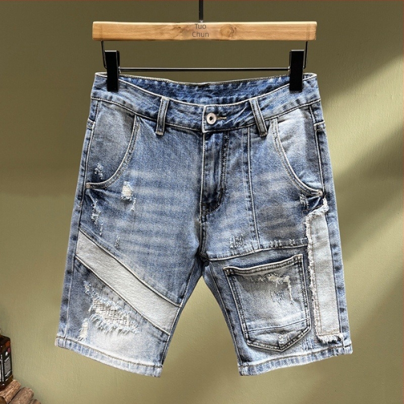 Pantaloni scurți din denim cu găuri, cusute, pentru bărbați, comerț exterior transfrontalier, locomotivă, brand la modă, elastici, slim-fit, brodați, cu patch-uri