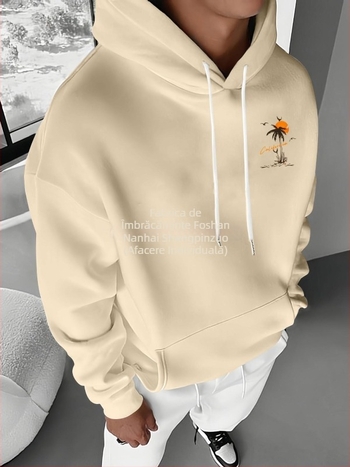 Hanorac bărbătesc cu imprimeu tropical de apus de soare, căptușit cu fleece - casual, lejer