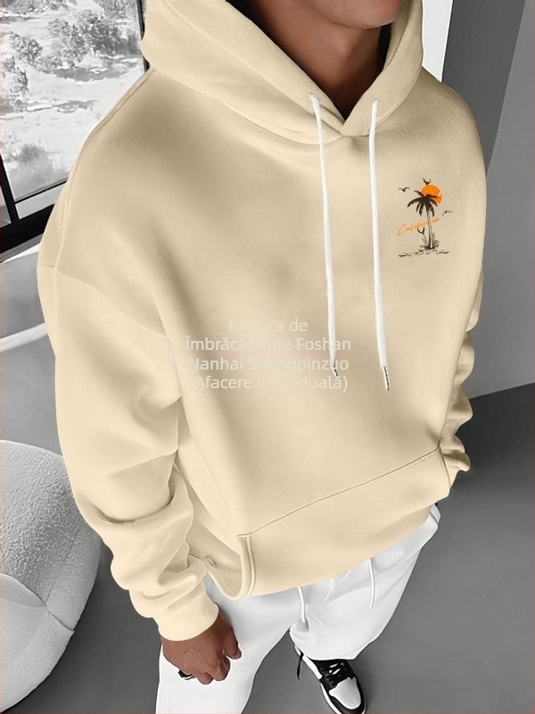 Hanorac bărbătesc cu imprimeu tropical de apus de soare, căptușit cu fleece - casual, lejer