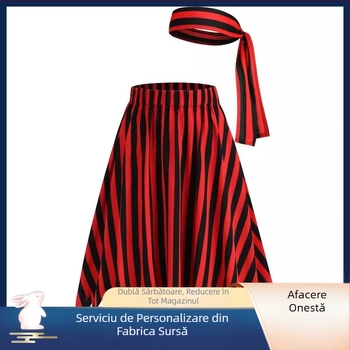 Fustă asimetrică cu dungi negre și roșii, cu tiv european și american, pentru femei, îmbrăcăminte de pirat