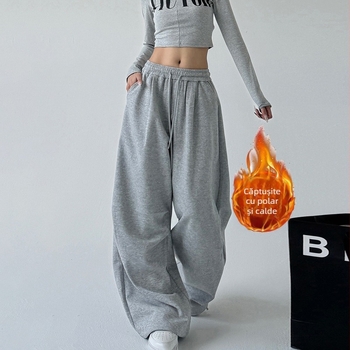 Pantaloni sport gri cu căptușeală din fleece american, pentru femei, toamna 2024, noi, cu talie înaltă, drepți, lejeri, casual, îmbrăcăminte de lucru