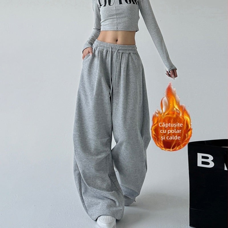 Pantaloni sport gri cu căptușeală din fleece american, pentru femei, toamna 2024, noi, cu talie înaltă, drepți, lejeri, casual, îmbrăcăminte de lucru