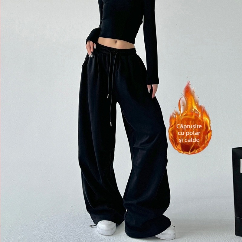 Pantaloni sport gri cu căptușeală din fleece american, pentru femei, toamna 2024, noi, cu talie înaltă, drepți, lejeri, casual, îmbrăcăminte de lucru