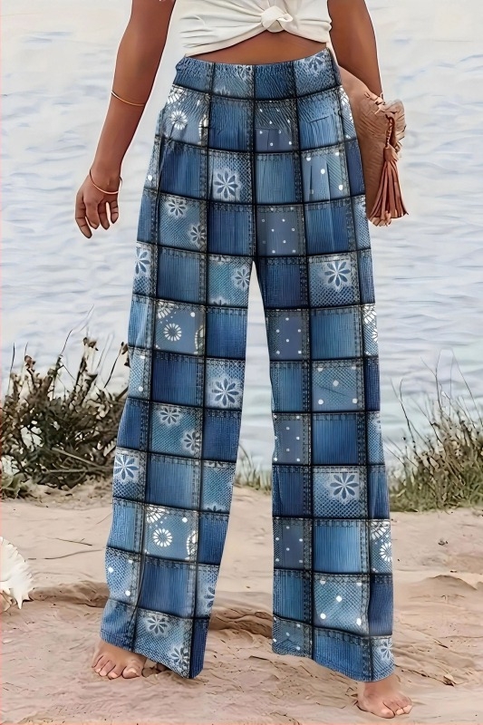 Toamna 2024 Transfrontaliere europene și americane noi pentru femei pantaloni drepți cu picior larg imprimare casual neregulat contrastant culoare pantaloni pentru femei