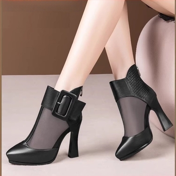 Cizme de plasă pentru femei cu toc înalt, mărime plus, pentru comerț exterior, 2025, primăvara transfrontalieră, cu toc stiletto ascuțit, impermeabil, cu platformă, cizme cool în stoc