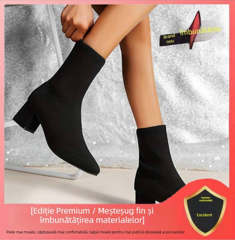 Toamna și iarna 2024, cizme subțiri noi, cizme elastice, șosete până la jumătatea gambei, șosete tricotate cu toc mediu, cizme cu toc gros și toc înalt, cizme la gleznă