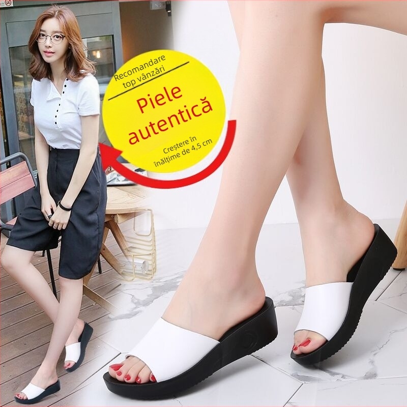 Sandale de damă din piele naturală, sandale de vară negre cu toc mediu, simple, antiderapante, cu fund moale, confortabile, cu platformă