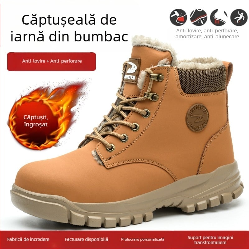 Pantofi de protecție a muncii transfrontalieri, cu talpă înaltă, anti-zdrobire și anti-perforare, pantofi de protecție a muncii cu căptușeală din fleece, pantofi de protecție confortabili și rezistenți la uzură, pentru toamnă și iarnă