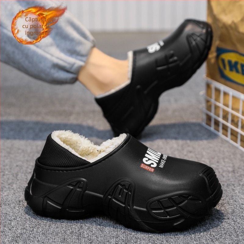 Papuci de casă pentru bărbați, impermeabili, cu talpă groasă, din bumbac, de iarnă, cu toc, pentru interior și casă, noi, antiderapante, plus pantofi din bumbac de pluș, pentru uz exterior