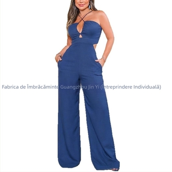 25 de femei europene și americane la modă nouă, elegante, slim-fit, cu guler agățat, talie înaltă, culoare solidă, fără bretele, salopetă, pantaloni largi, transfrontalieră, îmbrăcăminte pentru femei
