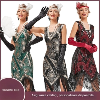 Rochie transfrontalieră nouă, cu broderie grea și paiete, rochie de banchet europeană și americană, cu decolteu în V, cu ciucuri, mărime mare, în stoc