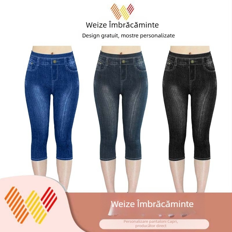 Colanți din imitație de denim elastici Temu Aliexpress, de vânzare transfrontalieră, crop, pantaloni strâmți cu ridicare a șoldurilor, culoare pură, pantaloni cu picior mic