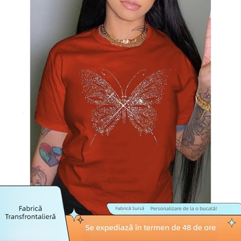 Tricou casual de vară, imprimat cu fluturi strălucitori, 95% poliester, 5% material tricotat elastic