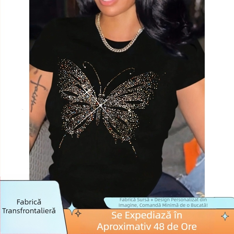 Tricou casual de vară, imprimat cu fluturi strălucitori, 95% poliester, 5% material tricotat elastic