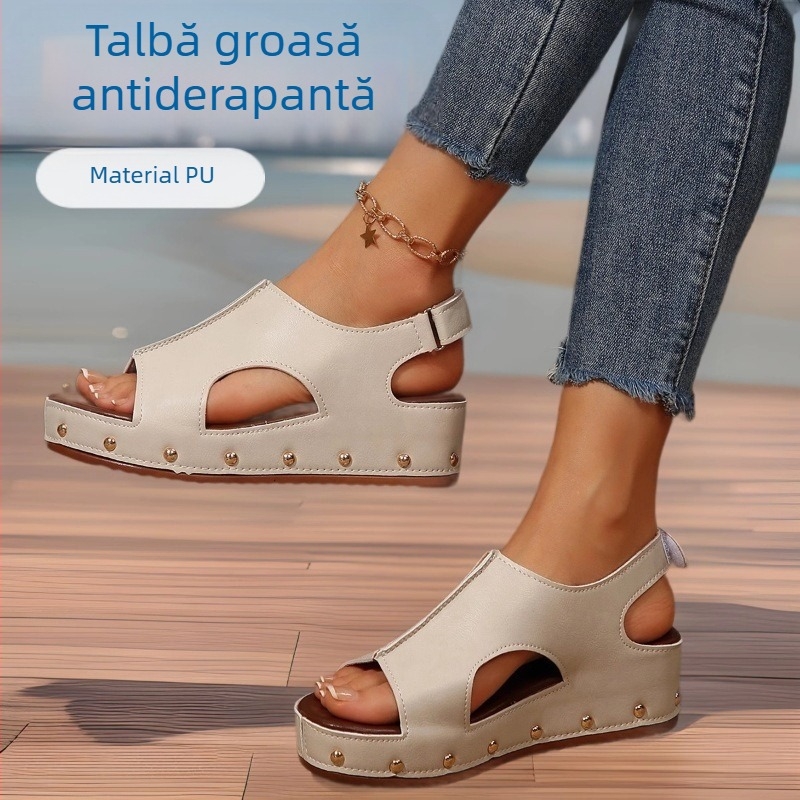 Sandale transfrontaliere europene și americane cu toc gros și talpă înaltă pentru femei 2025 sandale plate cu nituri și velcro plus size, cu velcro, stil european și american