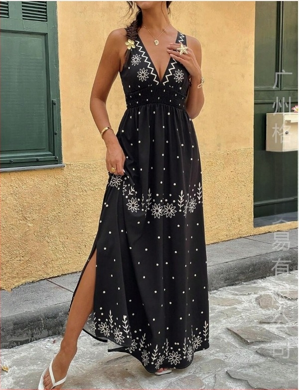 Rochie lungă cu decolteu în V, stil de vară nou, la magazinul Amazon Tiktoktemu, haine europene și americane, transfrontaliere