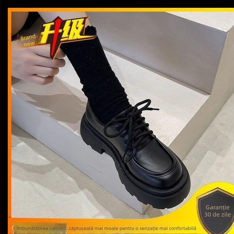 Pantofi din piele cu talpă groasă, în stil britanic, pentru femei, 2024, nouă primăvară, versatili, negri, jk, pantofi cu un singur strat, mocasini tip muffin, la modă