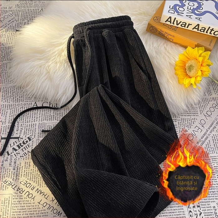 Pantaloni largi cu croială din chenille pentru femei, toamna și iarna 2024, noi, cu căptușeală din fleece, talie înaltă, drapați, primăvara și toamna, pantaloni drepți leneși, leneși