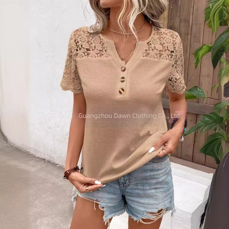 Tricou simplu cu guler în V, stil european și american, pentru export transfrontalier de primăvară 2025, Amazon Wish, cu guler în V, stil Pull-Up