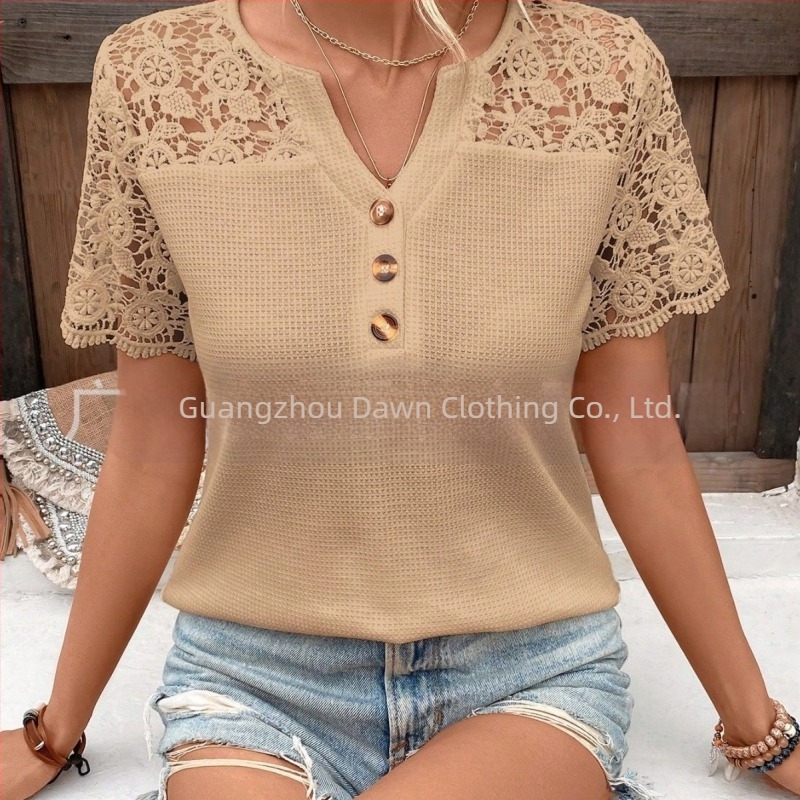 Tricou simplu cu guler în V, stil european și american, pentru export transfrontalier de primăvară 2025, Amazon Wish, cu guler în V, stil Pull-Up