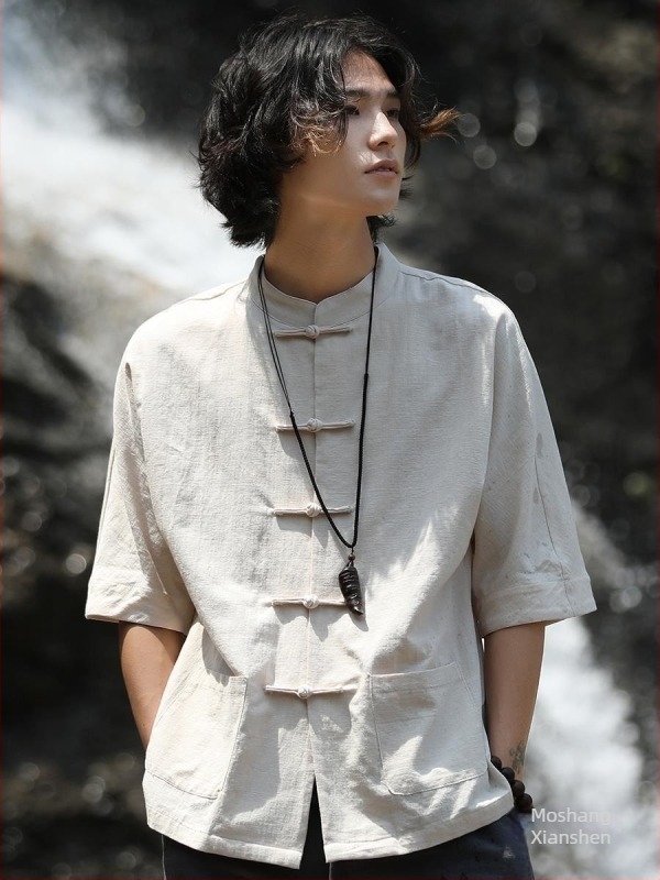 Costum Tang pentru bărbați, modă retro pentru tineret, cămașă de in, stil chinezesc, cu șapte mâneci, bumbac și in, guler înalt chinezesc, cămașă Zhongshan