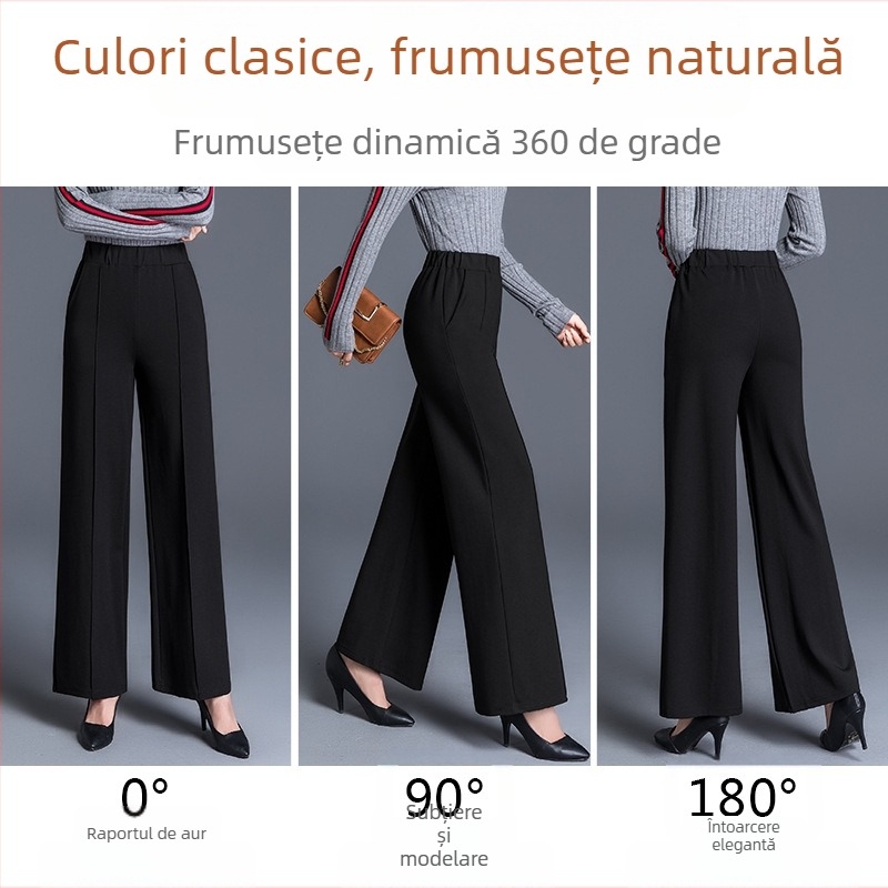 Pantaloni largi negri de mărime plus, cu picior larg, pentru femei, toamnă și iarnă, talie înaltă, drapați, lejeri, de vârstă mijlocie, pantaloni drepți casual, de primăvară