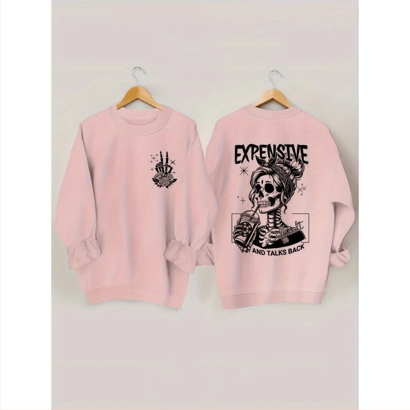 Hanorac cu imprimeu de craniu, hanorac casual cu mânecă lungă și guler rotund, model S