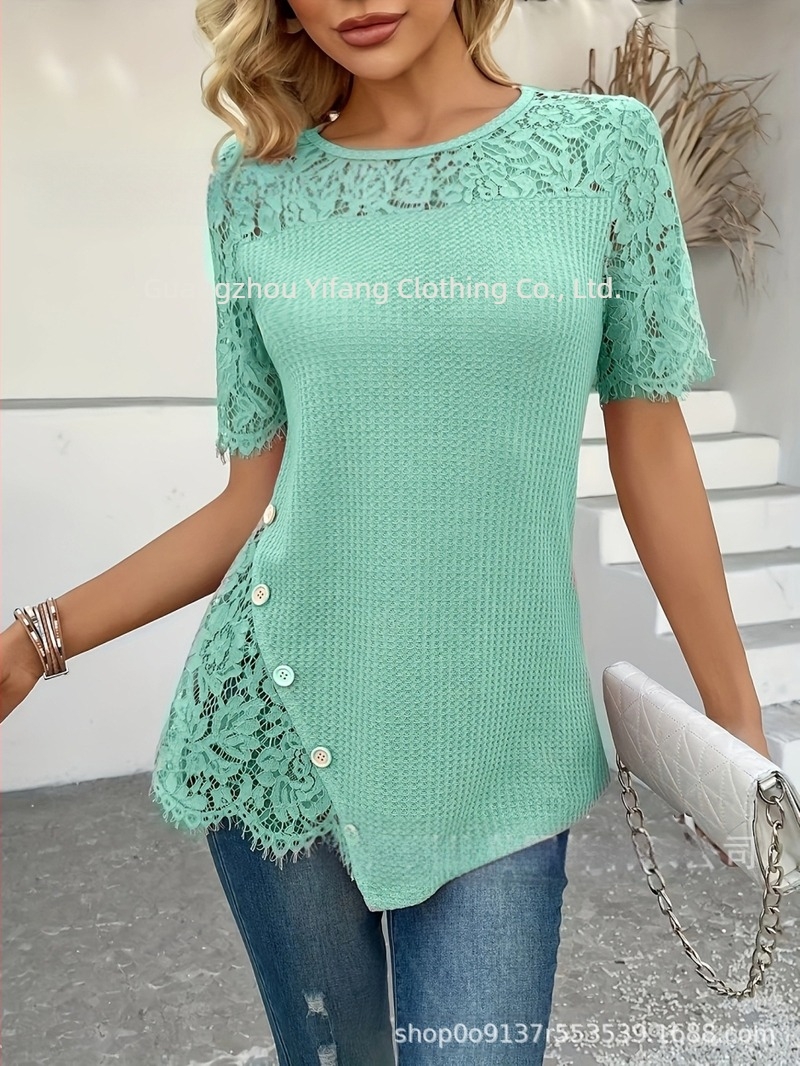 Tricou elegant casual pentru femei, culoare solidă, semi-transparent, dantelă brodată, culoare solidă, guler rotund, mânecă scurtă, top pentru femei