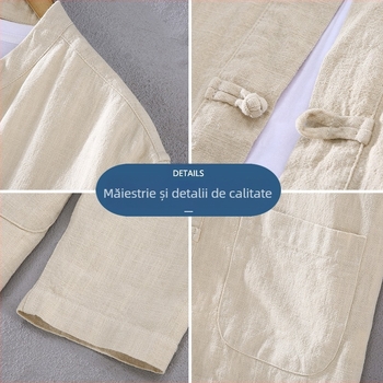 2309 Costum Tang pentru bărbați, stil chinezesc, bumbac și in, cămașă cu mânecă lungă și cataramă în stil chinezesc, îmbrăcăminte pentru meditație și ceai, îmbrăcăminte chinezească