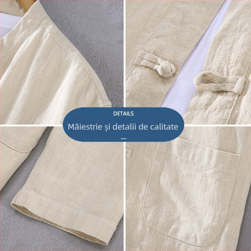 2309 Costum Tang pentru bărbați, stil chinezesc, bumbac și in, cămașă cu mânecă lungă și cataramă în stil chinezesc, îmbrăcăminte pentru meditație și ceai, îmbrăcăminte chinezească