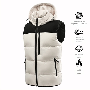 Vestă de iarnă cu glugă detașabilă pentru bărbați, stil nou, vestă caldă de culoare contrastantă, vestă la modă, fără mâneci, jachetă din bumbac căptușit