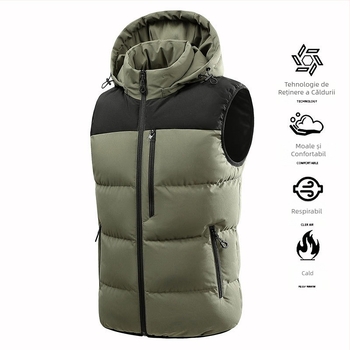 Vestă de iarnă cu glugă detașabilă pentru bărbați, stil nou, vestă caldă de culoare contrastantă, vestă la modă, fără mâneci, jachetă din bumbac căptușit