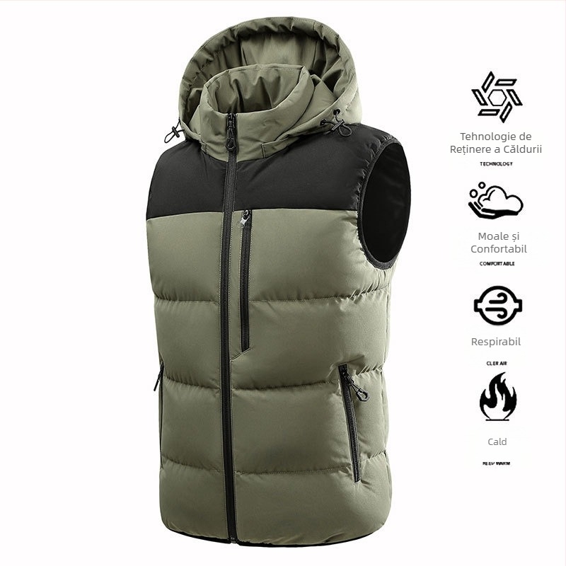 Vestă de iarnă cu glugă detașabilă pentru bărbați, stil nou, vestă caldă de culoare contrastantă, vestă la modă, fără mâneci, jachetă din bumbac căptușit
