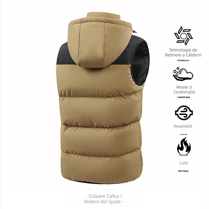 Vestă de iarnă cu glugă detașabilă pentru bărbați, stil nou, vestă caldă de culoare contrastantă, vestă la modă, fără mâneci, jachetă din bumbac căptușit