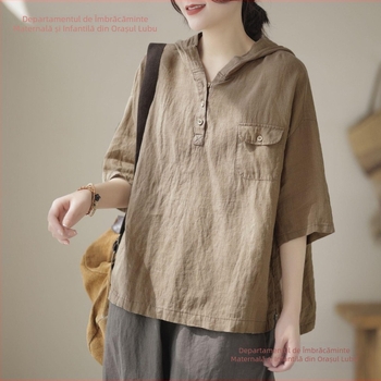 Tricou cu mânecă scurtă de vară 2023, bumbac și in, pentru femei, cu glugă, vrac, simplu, retro, artistic, slăbire, pentru femei