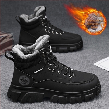Ghete Martin pentru bărbați, cizme de zăpadă de iarnă 2024, căptușite cu fleece, calde, cu vârf înalt, cizme de lucru în stil britanic, cizme versatile din piele pentru motocicletă
