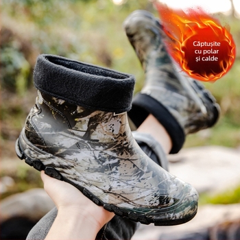 Pantofi de ploaie pentru bărbați, cu tub scurt, camuflaj, impermeabili, antiderapanți, rezistenți la uzură, cizme de ploaie calde și integrate, pantofi de lucru din cauciuc pentru bărbați