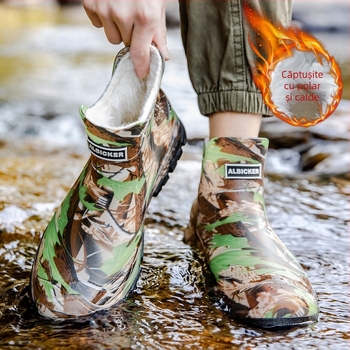 Pantofi de ploaie pentru bărbați, cu tub scurt, camuflaj, impermeabili, antiderapanți, rezistenți la uzură, cizme de ploaie calde și integrate, pantofi de lucru din cauciuc pentru bărbați