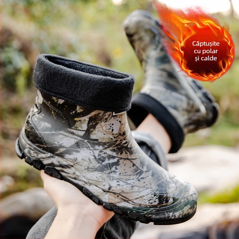 Pantofi de ploaie pentru bărbați, cu tub scurt, camuflaj, impermeabili, antiderapanți, rezistenți la uzură, cizme de ploaie calde și integrate, pantofi de lucru din cauciuc pentru bărbați