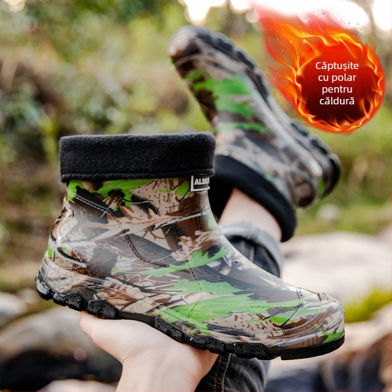 Pantofi de ploaie pentru bărbați, cu tub scurt, camuflaj, impermeabili, antiderapanți, rezistenți la uzură, cizme de ploaie calde și integrate, pantofi de lucru din cauciuc pentru bărbați