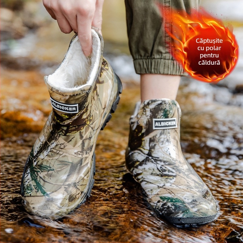 Pantofi de ploaie pentru bărbați, cu tub scurt, camuflaj, impermeabili, antiderapanți, rezistenți la uzură, cizme de ploaie calde și integrate, pantofi de lucru din cauciuc pentru bărbați