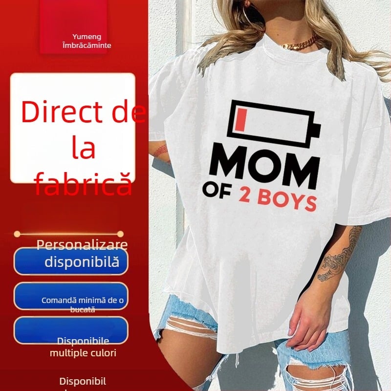 Tricou de Ziua Mamei MAMĂ A 2 BĂIEȚI Tricou de damă cu cod european, post de radio independent, tricou de damă cu imprimeu pete și baterie