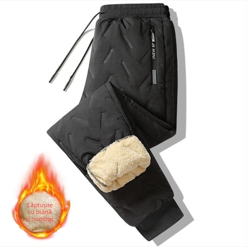 Pantaloni din piele de miel pentru bărbați, căptușiți cu fleece, groși, de vârstă mijlocie și vârstnici, pentru bărbați, talie lejeră, îmbrăcăminte exterioară, casual, din bumbac