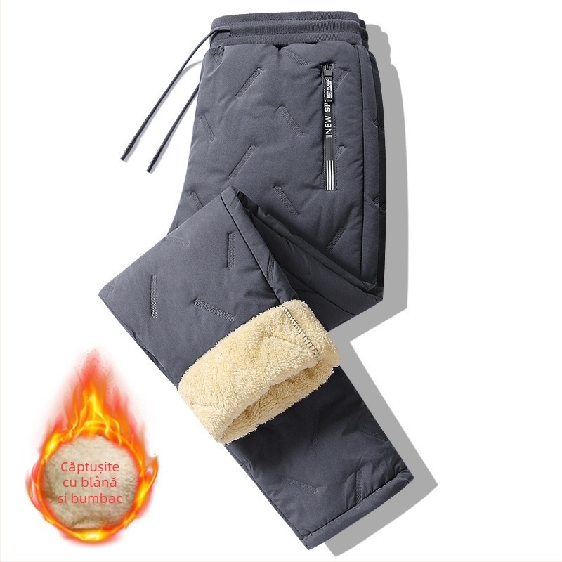 Pantaloni din piele de miel pentru bărbați, căptușiți cu fleece, groși, de vârstă mijlocie și vârstnici, pentru bărbați, talie lejeră, îmbrăcăminte exterioară, casual, din bumbac