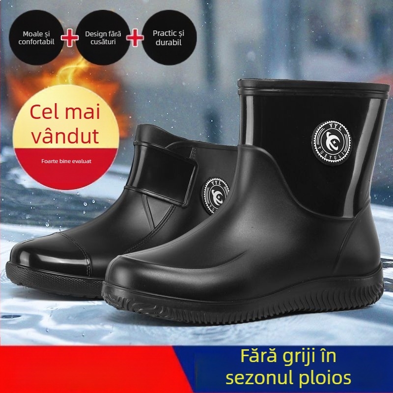 Cizme de ploaie pentru bărbați, pantofi de ploaie impermeabili, antiderapanți, cu fund gros și scurt, rezistente la uzură, pentru bucătărie, spălătorie auto, pantofi de cauciuc pentru mâncare la pachet